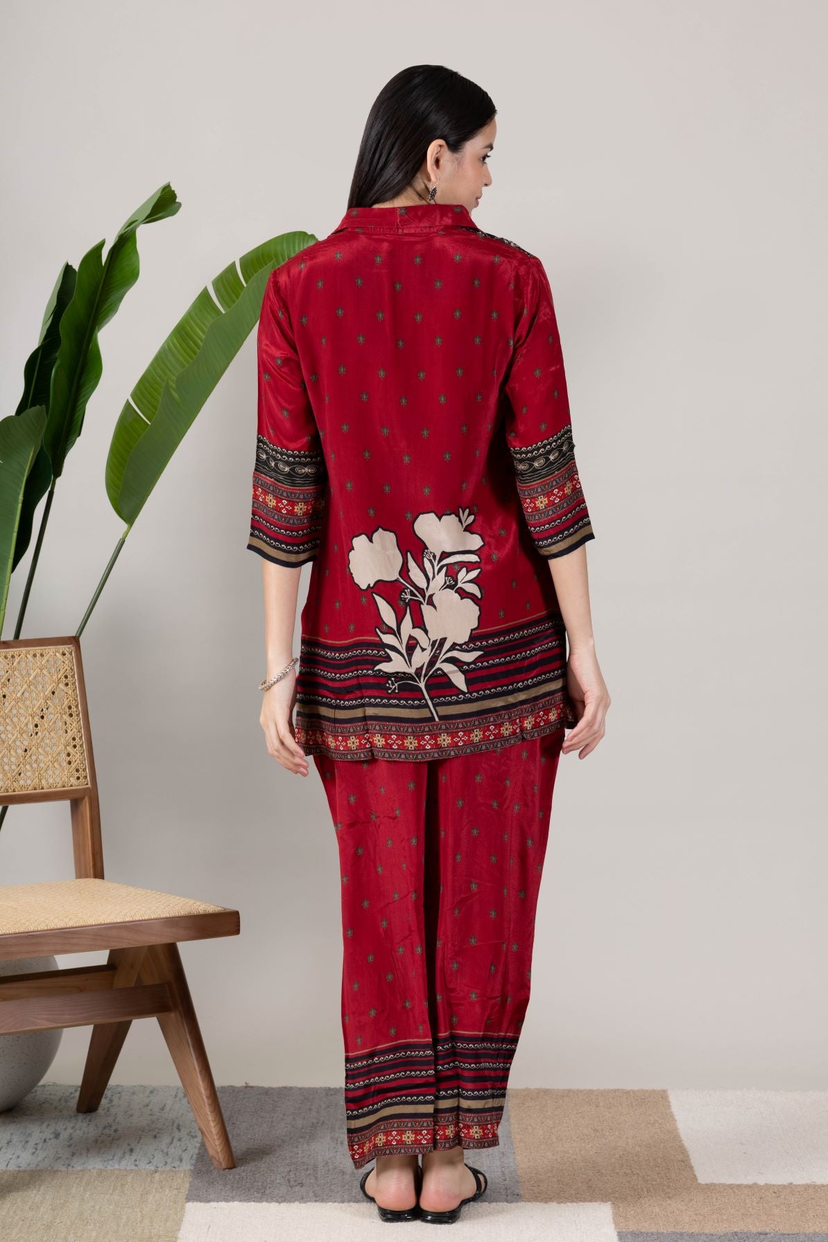 KUDIORY Women’s Red Printed Kurta with Palazzo Pants Co-Ord Set