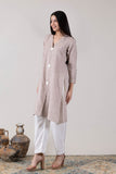 KUDIORY Women Beige Solid Asymmetrical Hem Kurta with White Palazzos