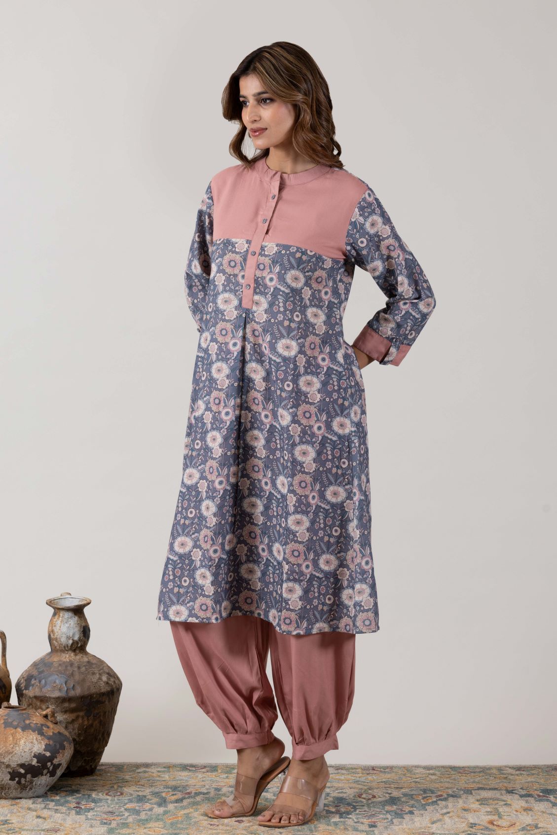 KUDIORY Women Mauve Floral Printed A-Line Kurta with Patiala Pants