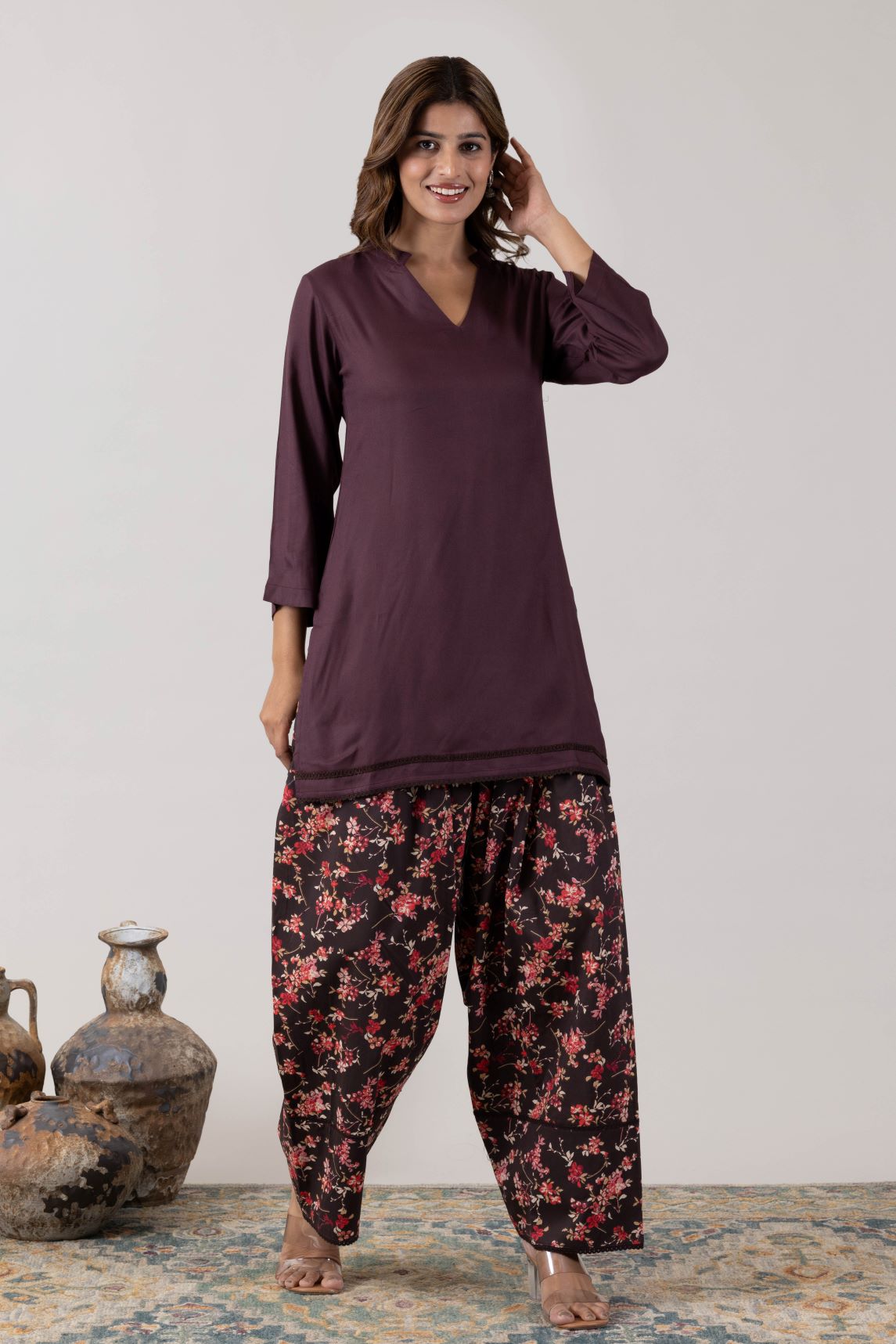 KUDIORY Women Purple Solid Kurta with Black Floral Printed Patiala Pants