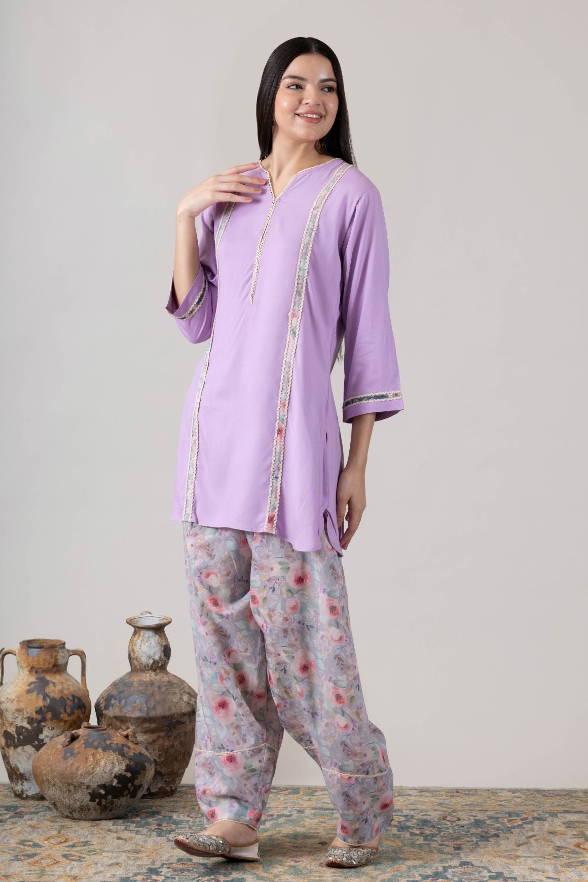 KUDIORY Women Lavender Solid Kurta with Floral Printed Salwar Set