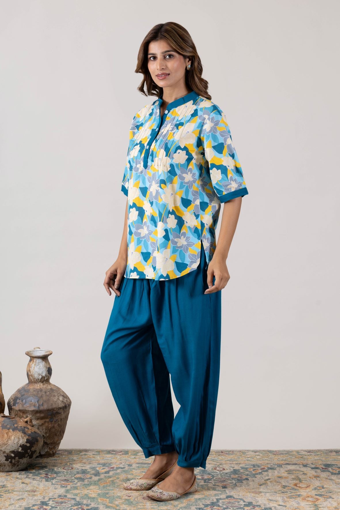 KUDIORY Women’s Blue Floral Printed Short Sleeve Kurta with Solid Patiala Salwar