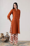 KUDIORY Women’s Rust Solid Kurta with White & Rust Printed Wide-Leg Palazzos