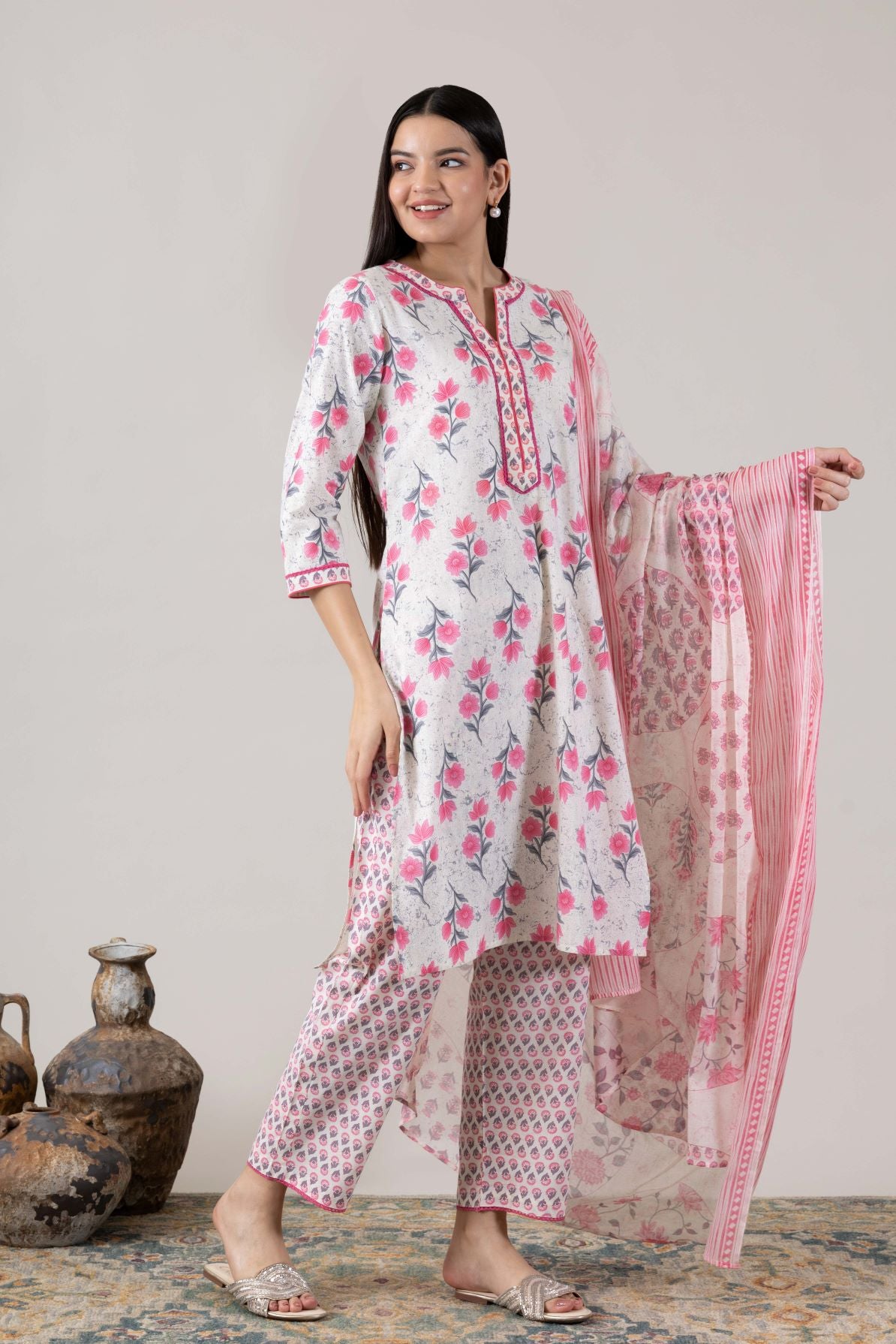 KUDIORY Women’s White & Pink Floral Printed Kurta with Printed Palazzos and Dupatta