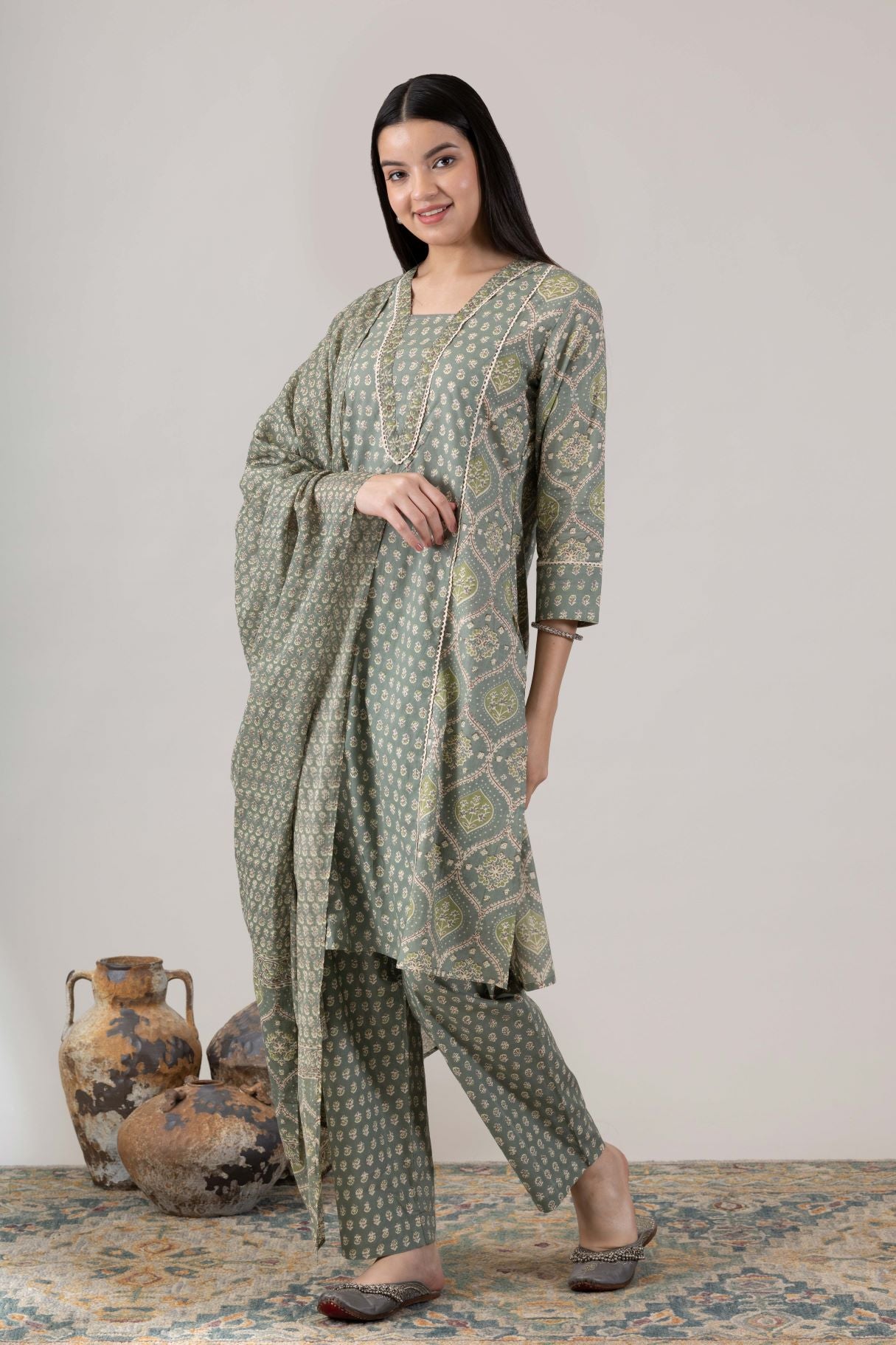 KUDIORY Women’s Green Printed Kurta with Printed Trousers & Dupatta
