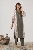 KUDIORY Women’s Olive Green Kurta with Printed Jacket & Trousers