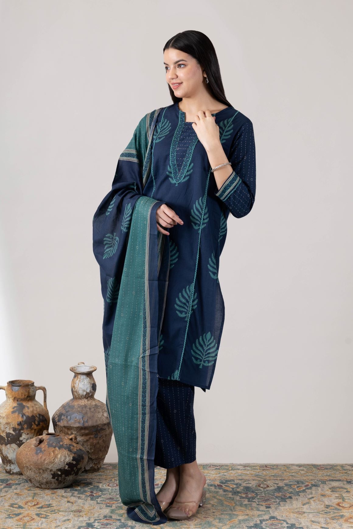 KUDIORY Women’s Navy Blue & Teal Printed Kurta with Trousers & Dupatta