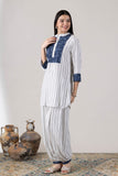 KUDIORY Women White & Navy Blue Striped Printed Kurta with Palazzos