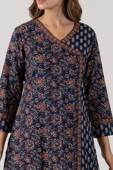 KUDIORY Women Navy Blue Floral Printed Kurta with Trousers & Dupatta