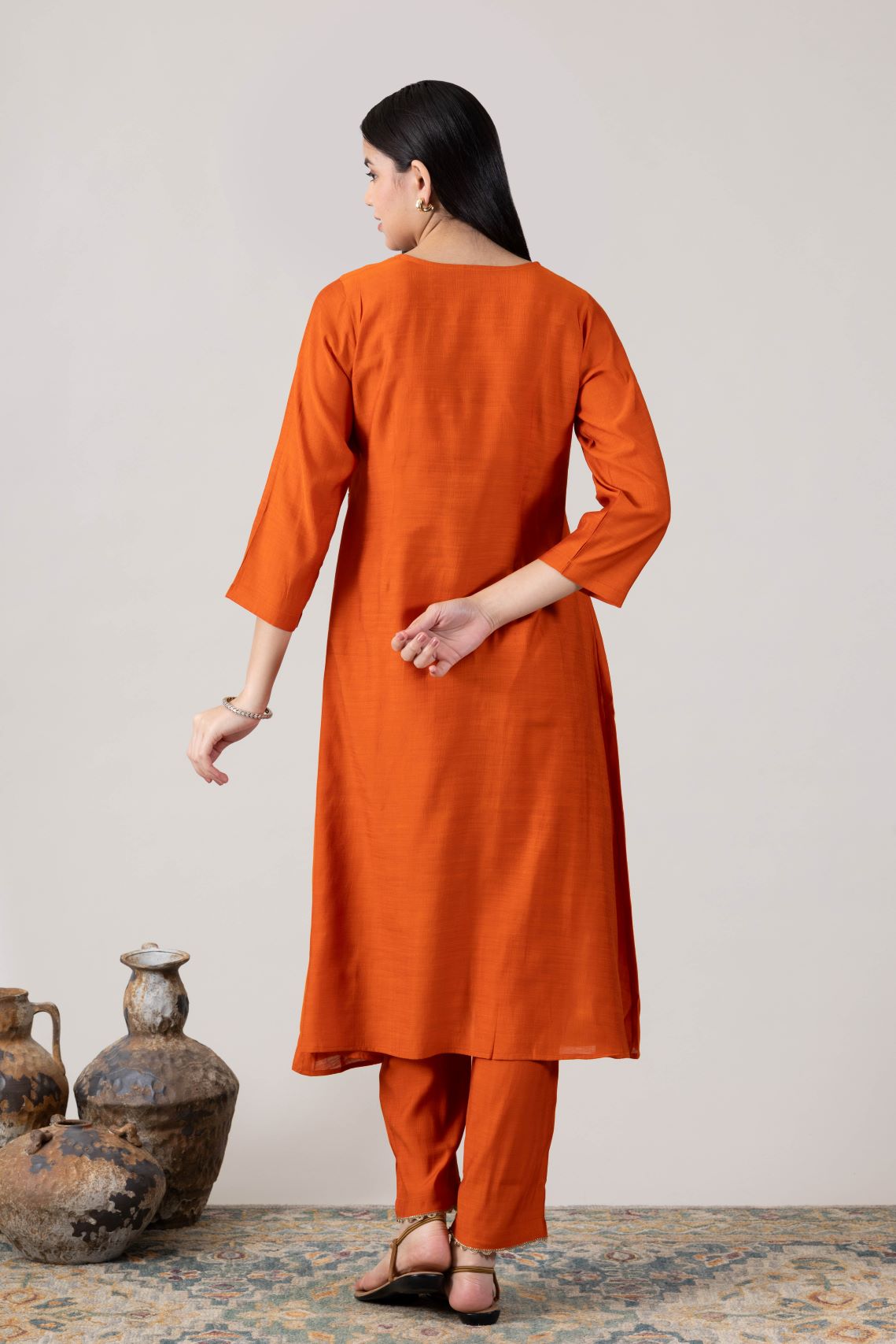 KUDIORY Women Orange Solid Asymmetrical Kurta with Trousers