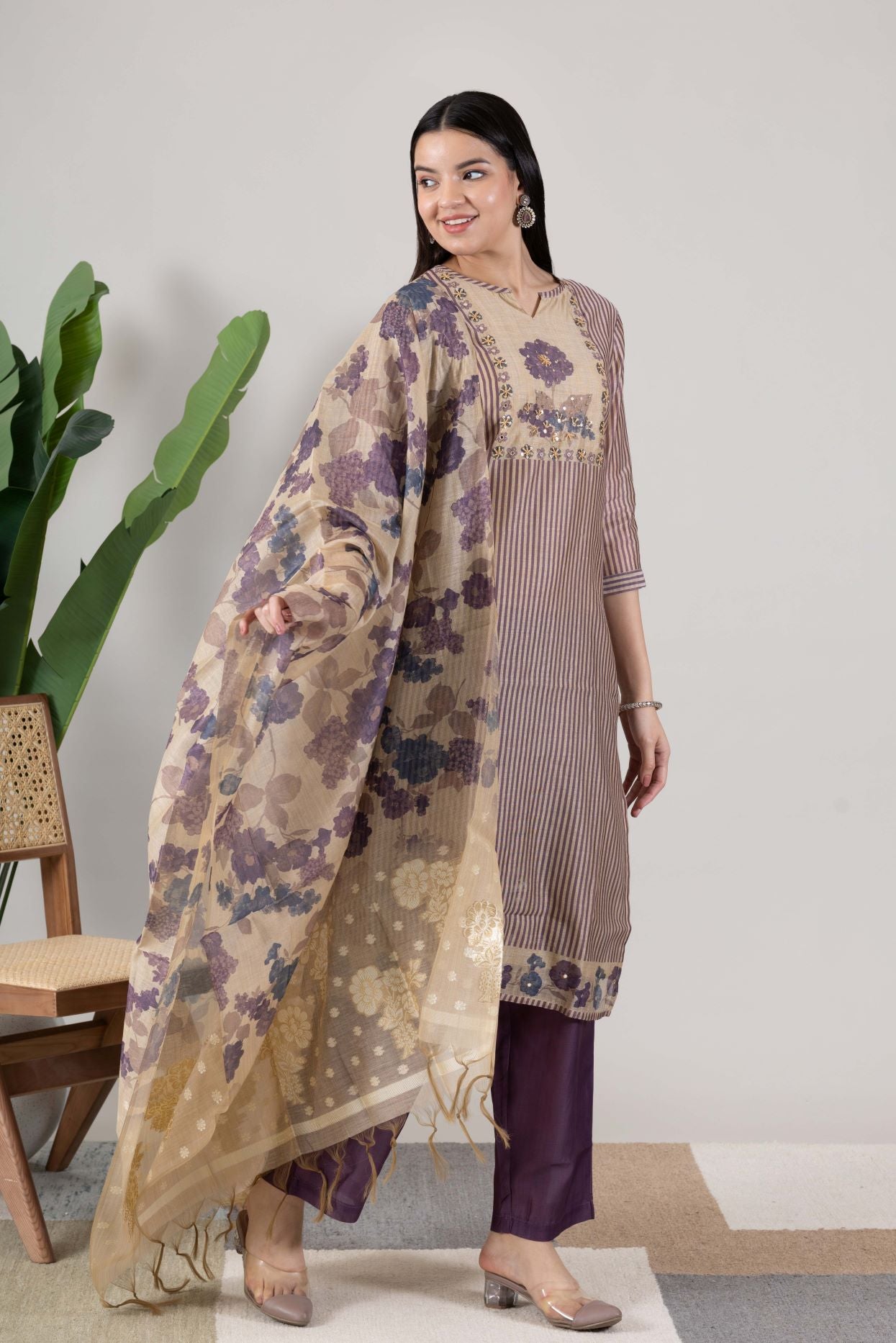 KUDIORY Women Purple Striped Kurta with Floral Printed Dupatta & Straight Pants
