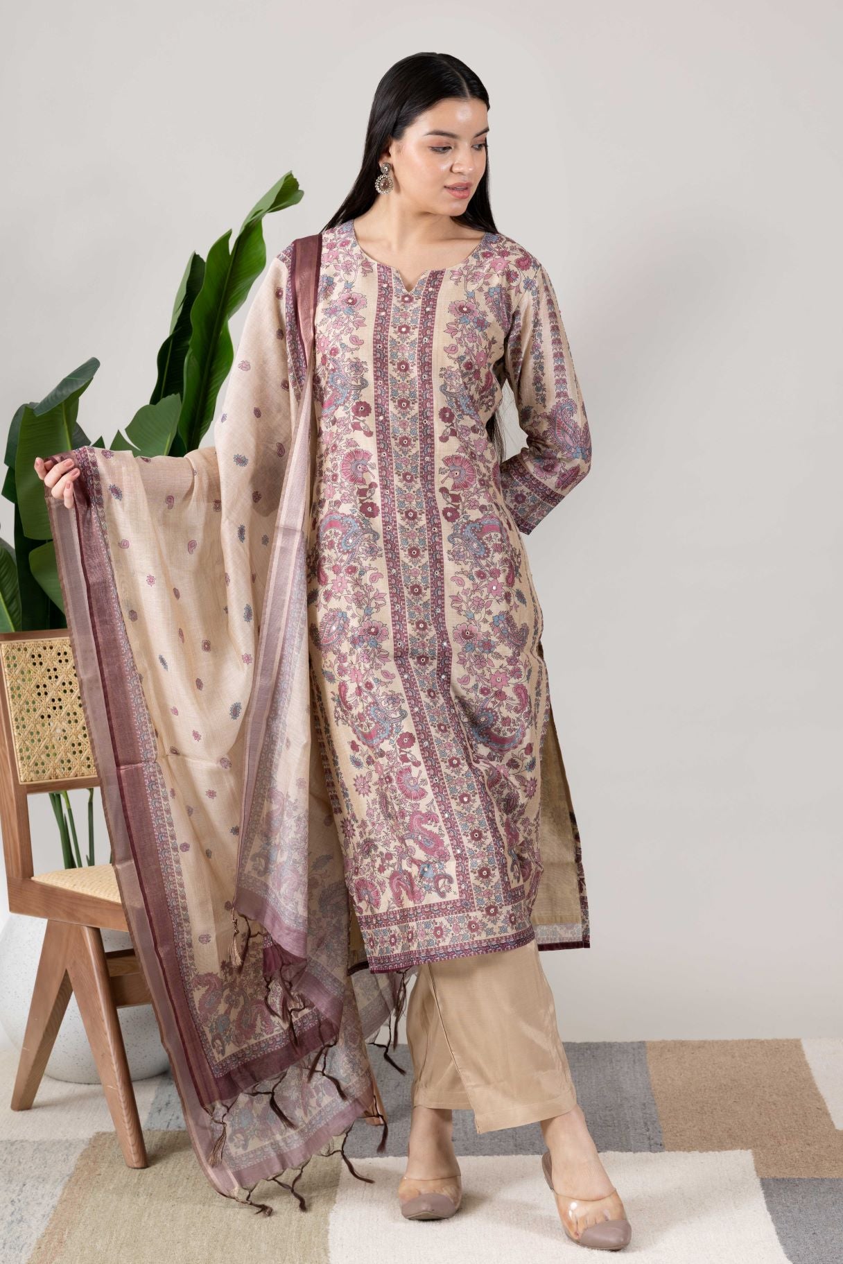 KUDIORY Women Beige Floral Printed Kurta with Trousers & Dupatta Set