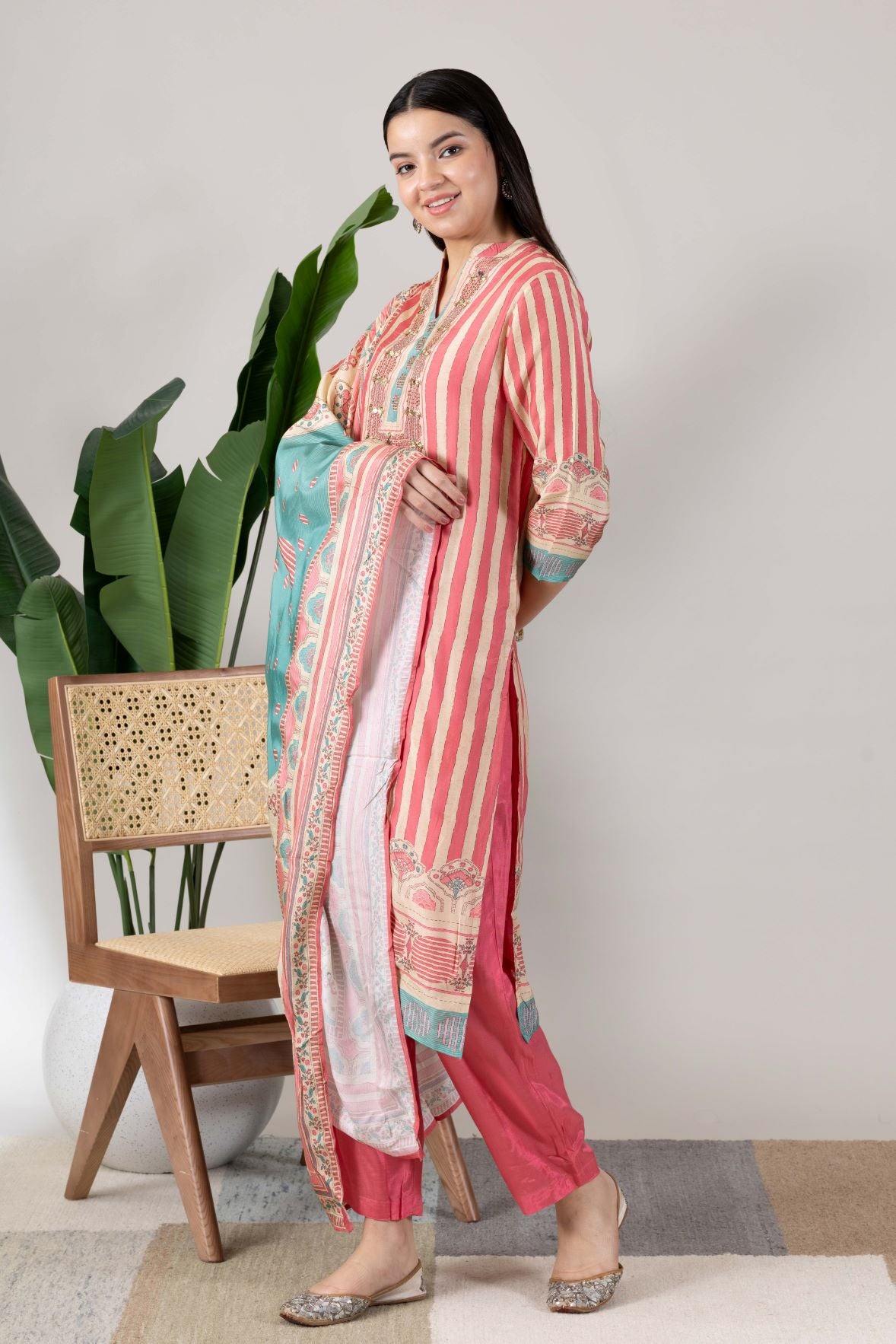 KUDIORY Women Pink Striped Printed Kurta with Trousers & Dupatta Set