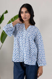 KUDIORY Women Blue Floral Printed V-Neck Flared Sleeves Top