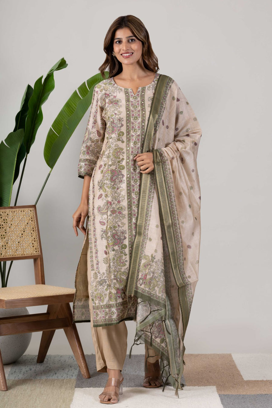 KUDIORY Women Ethnic Motifs Printed Regular Chanderi Cotton Kurta with Palazzos & With Dupatta