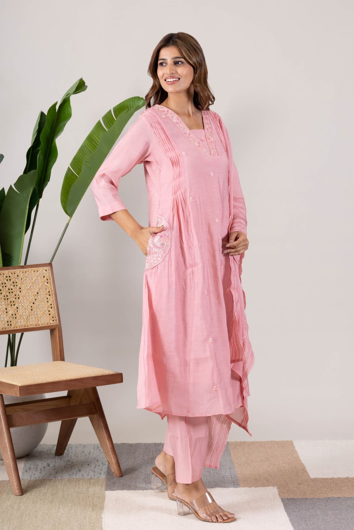 KUDIORY Women’s Pink Embroidered Kurta with Trousers & Dupatta
