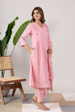 KUDIORY Women’s Pink Embroidered Kurta with Trousers & Dupatta