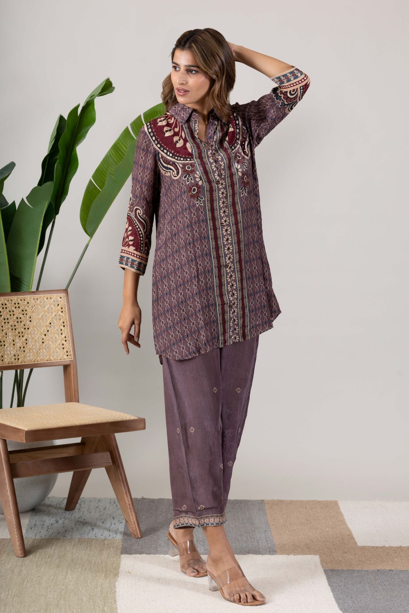 KUDIORY Women Mauve & Maroon Printed Straight Kurta with Matching Palazzos Ethnic Co-Ord Set