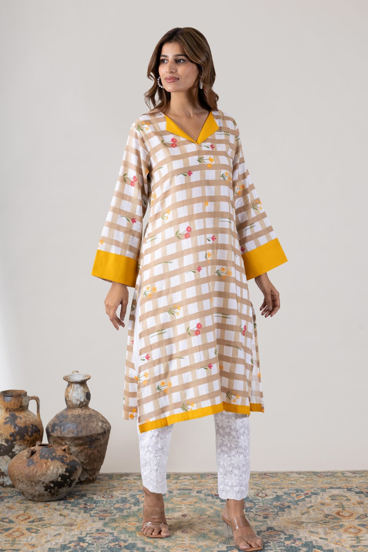 KUDIORY Floral Printed V-Neck Pure Cotton Kurta
