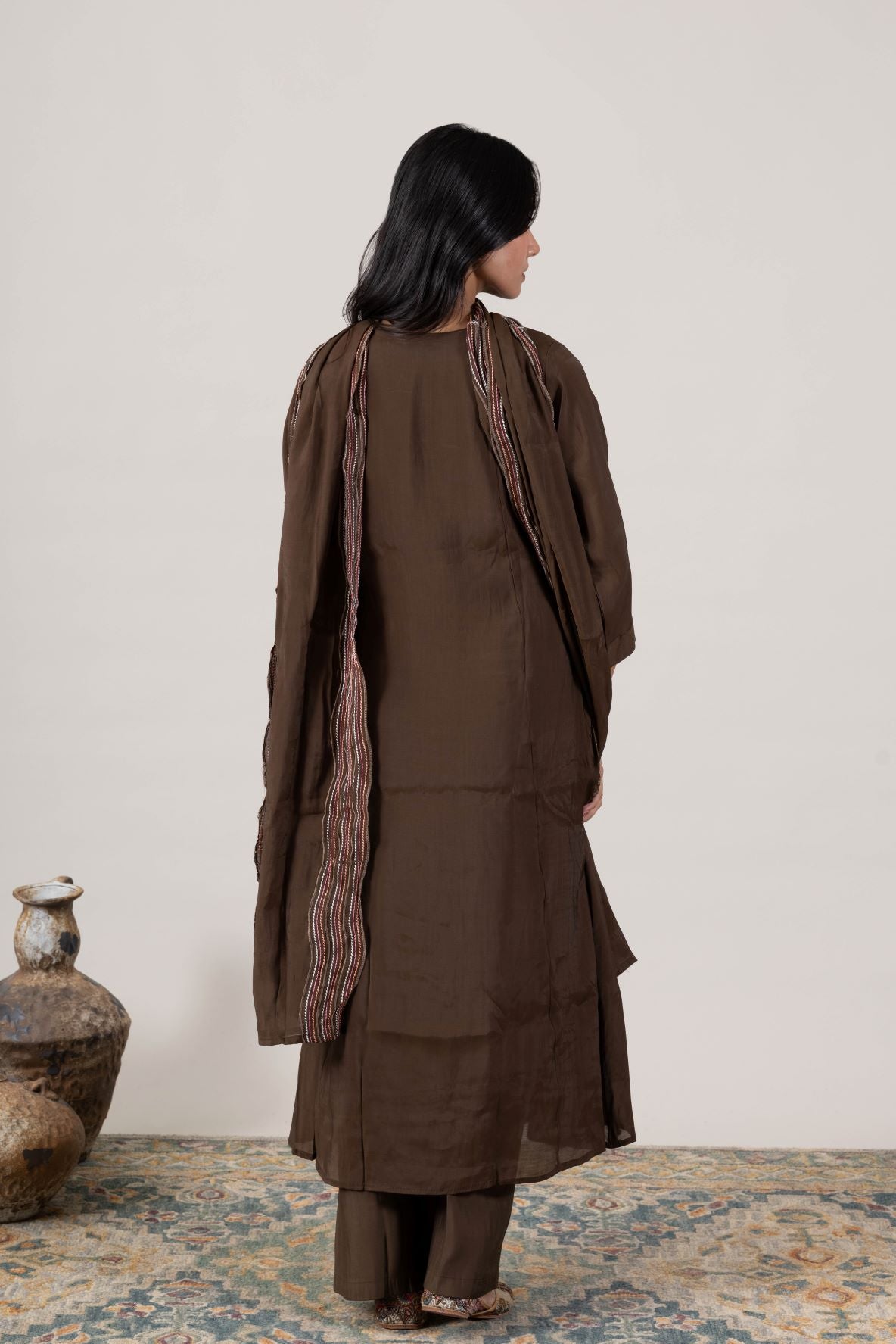 KUDIORY Women’s Brown Embroidered A-Line Kurta with Straight Trousers & Dupatta