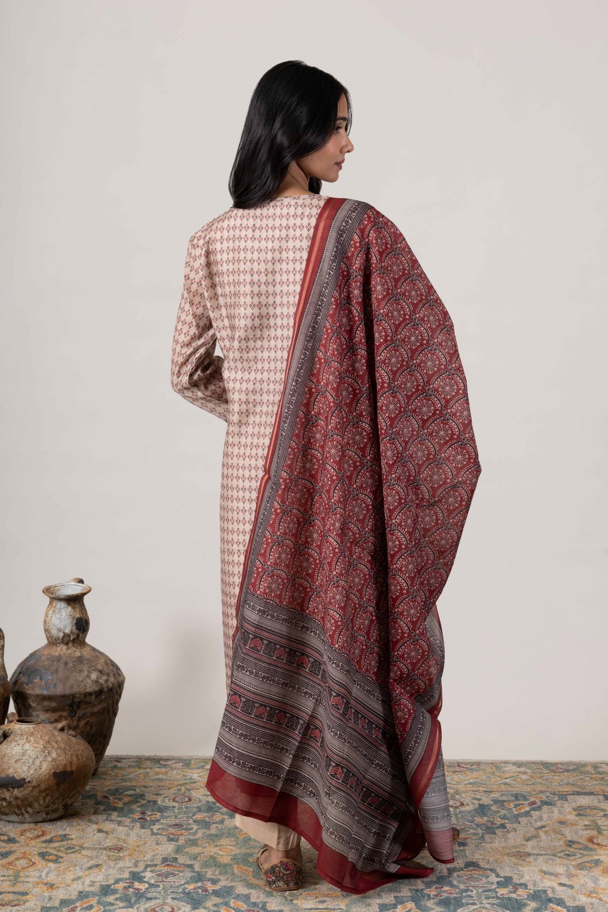 KUDIORY Women’s Beige & Maroon Printed Straight Kurta with Trousers & Dupatta