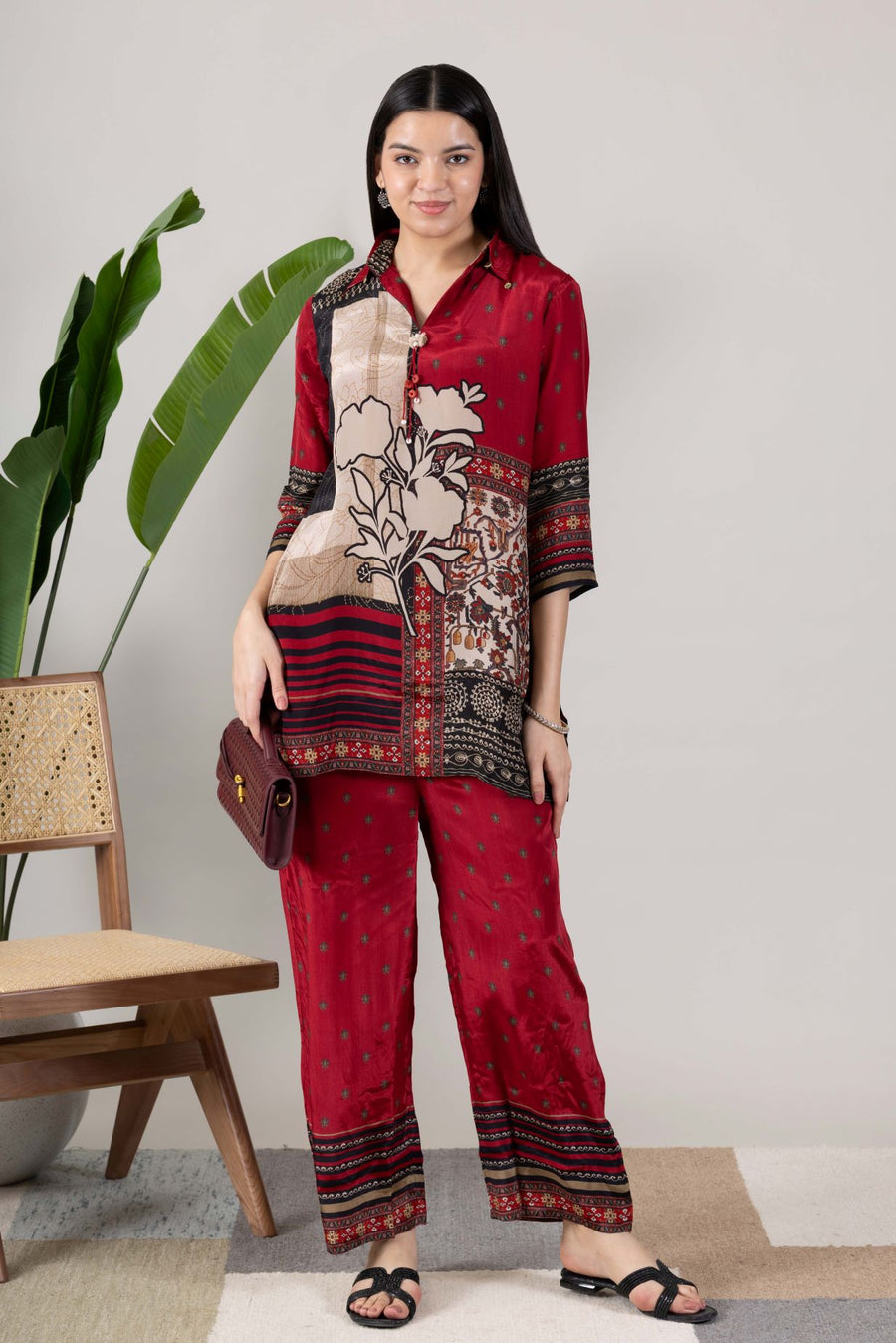 KUDIORY Women’s Red Printed Kurta with Palazzo Pants Co-Ord Set