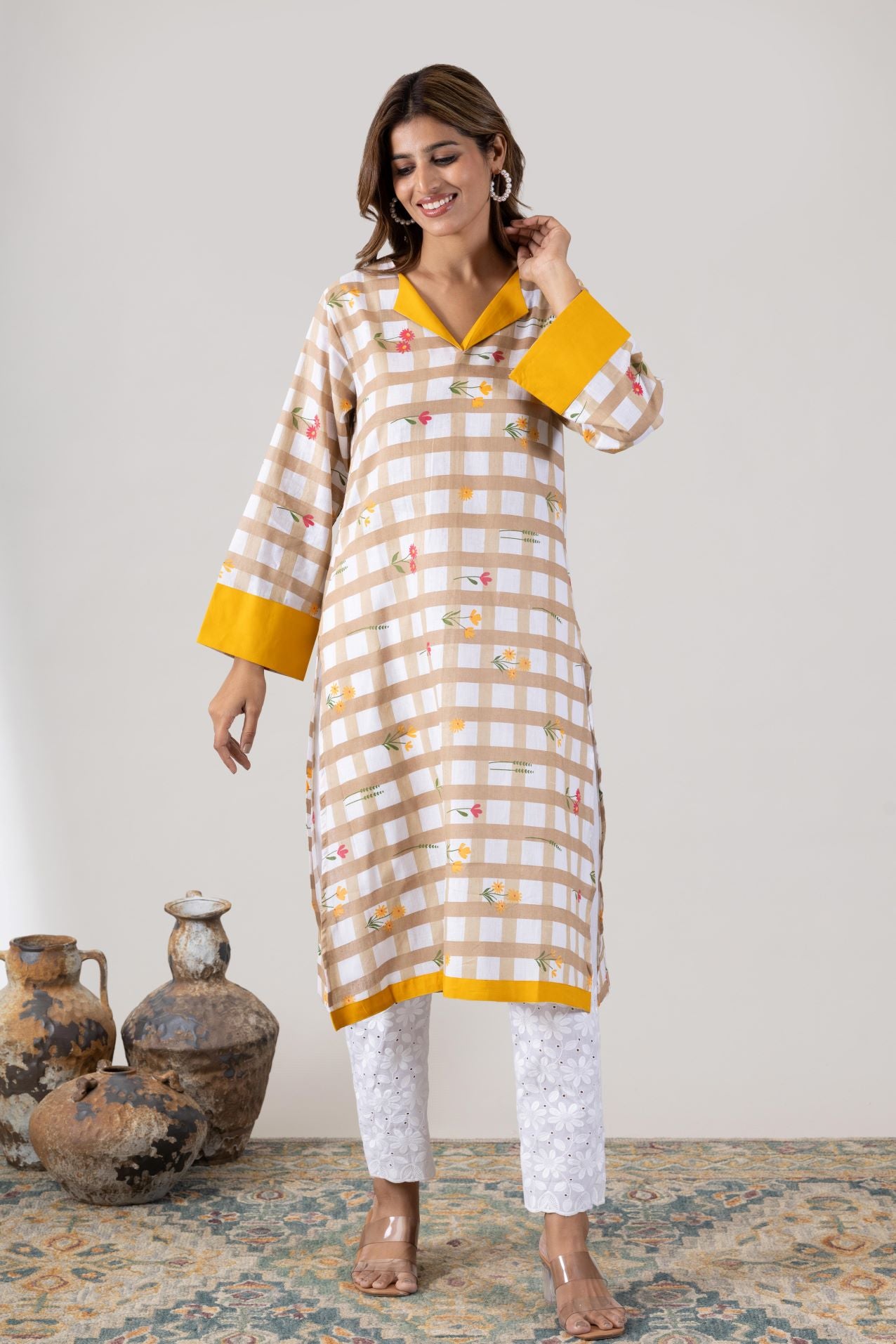 KUDIORY Floral Printed V-Neck Pure Cotton Kurta