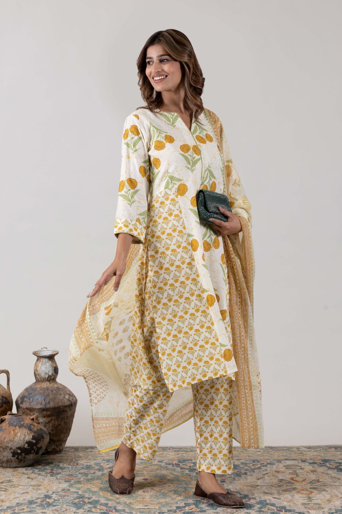KUDIORY Women White & Mustard Yellow Floral Printed Kurta with Trousers & Dupatta