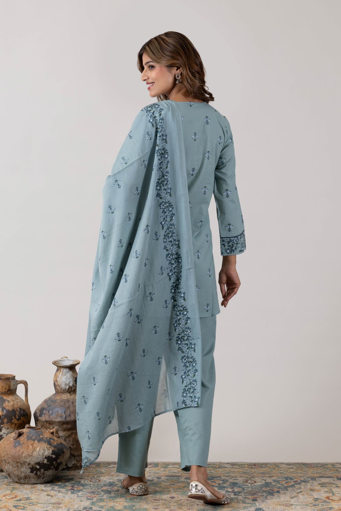 KUDIORY Women Sea Green Printed Kurta with Trousers & Dupatta