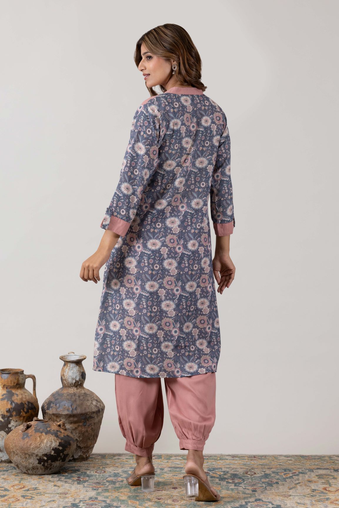 KUDIORY Women Mauve Floral Printed A-Line Kurta with Patiala Pants