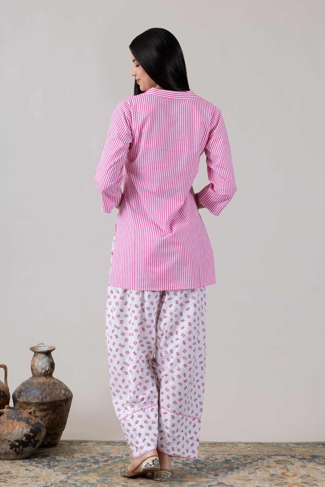 KUDIORY Women Pink Striped Kurta with White Floral Printed Palazzo Pants