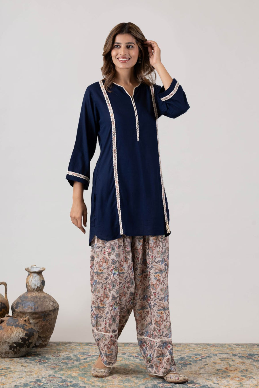 KUDIORY Women Navy Blue Solid Kurta with Multicoloured Printed Palazzo Pants