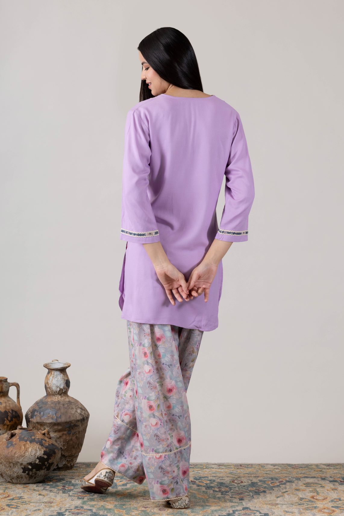 KUDIORY Women Lavender Solid Kurta with Floral Printed Salwar Set