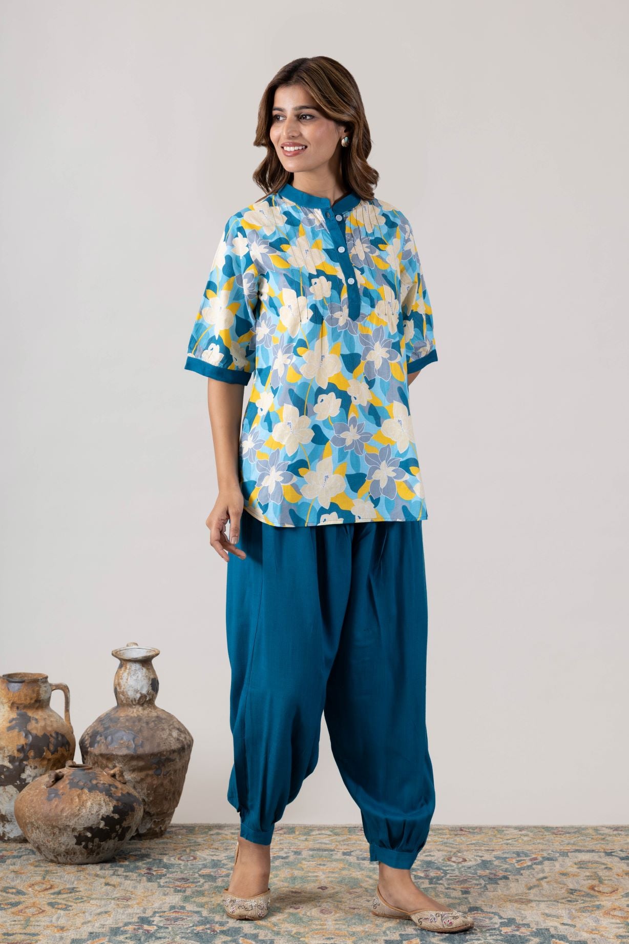KUDIORY Women’s Blue Floral Printed Short Sleeve Kurta with Solid Patiala Salwar
