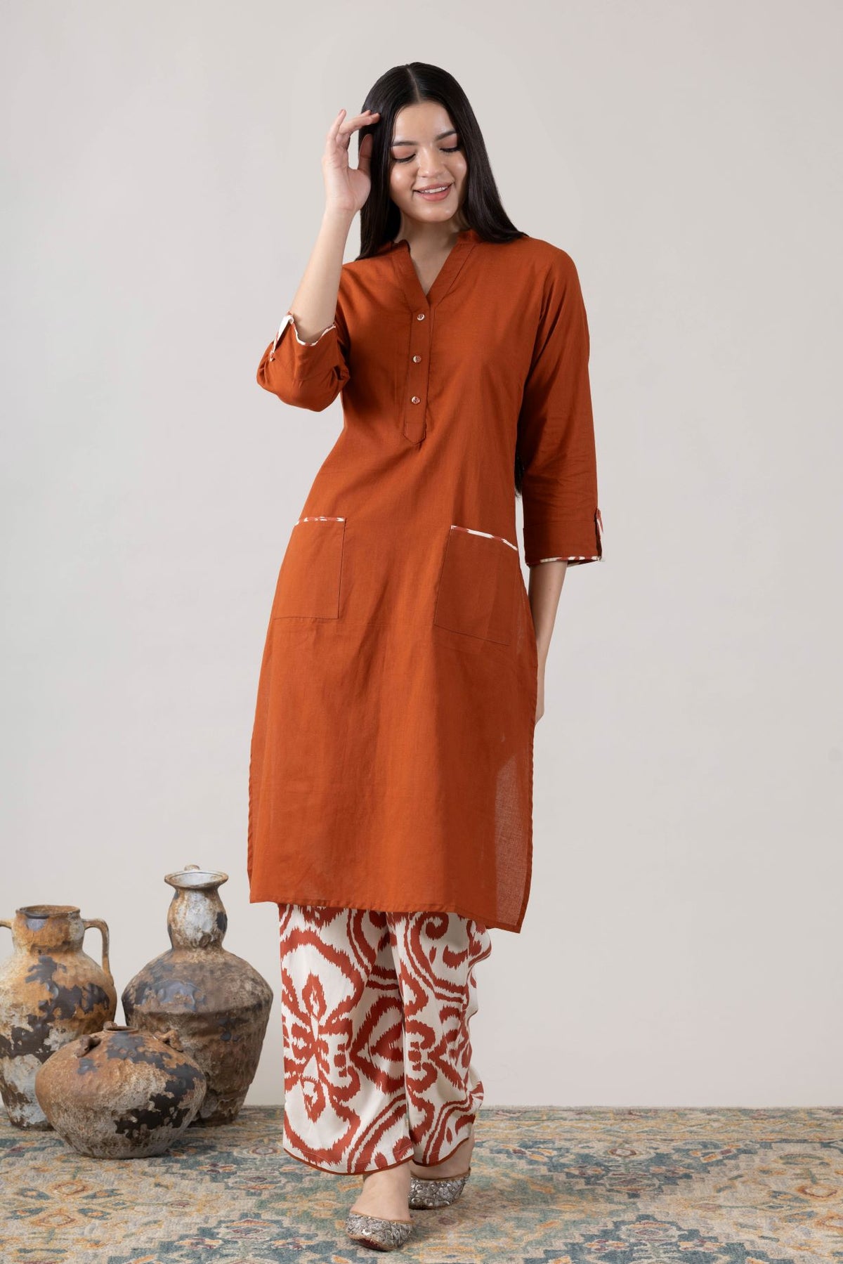 KUDIORY Women’s Rust Solid Kurta with White & Rust Printed Wide-Leg Palazzos