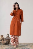 KUDIORY Women’s Rust Solid Kurta with White & Rust Printed Wide-Leg Palazzos
