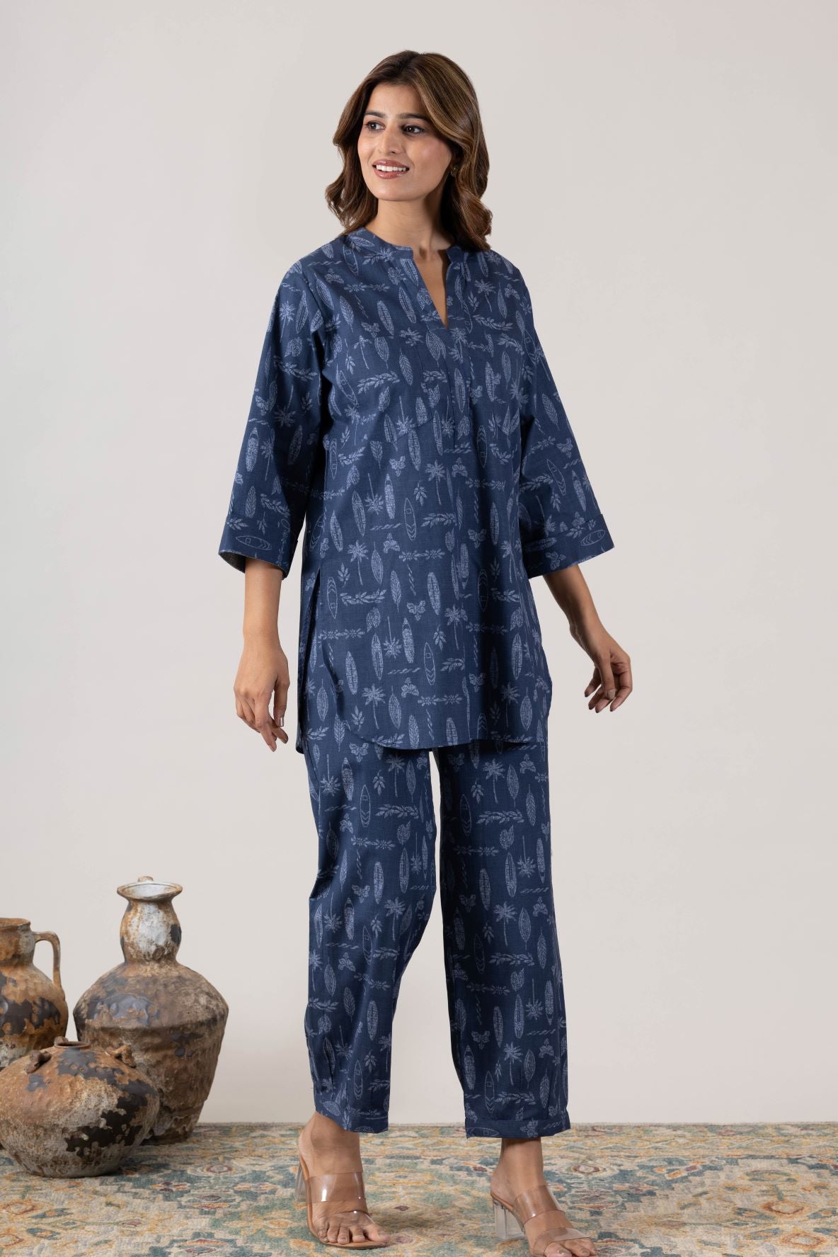 KUDIORY Women’s Navy Blue Printed Kurta with Matching Straight Pants