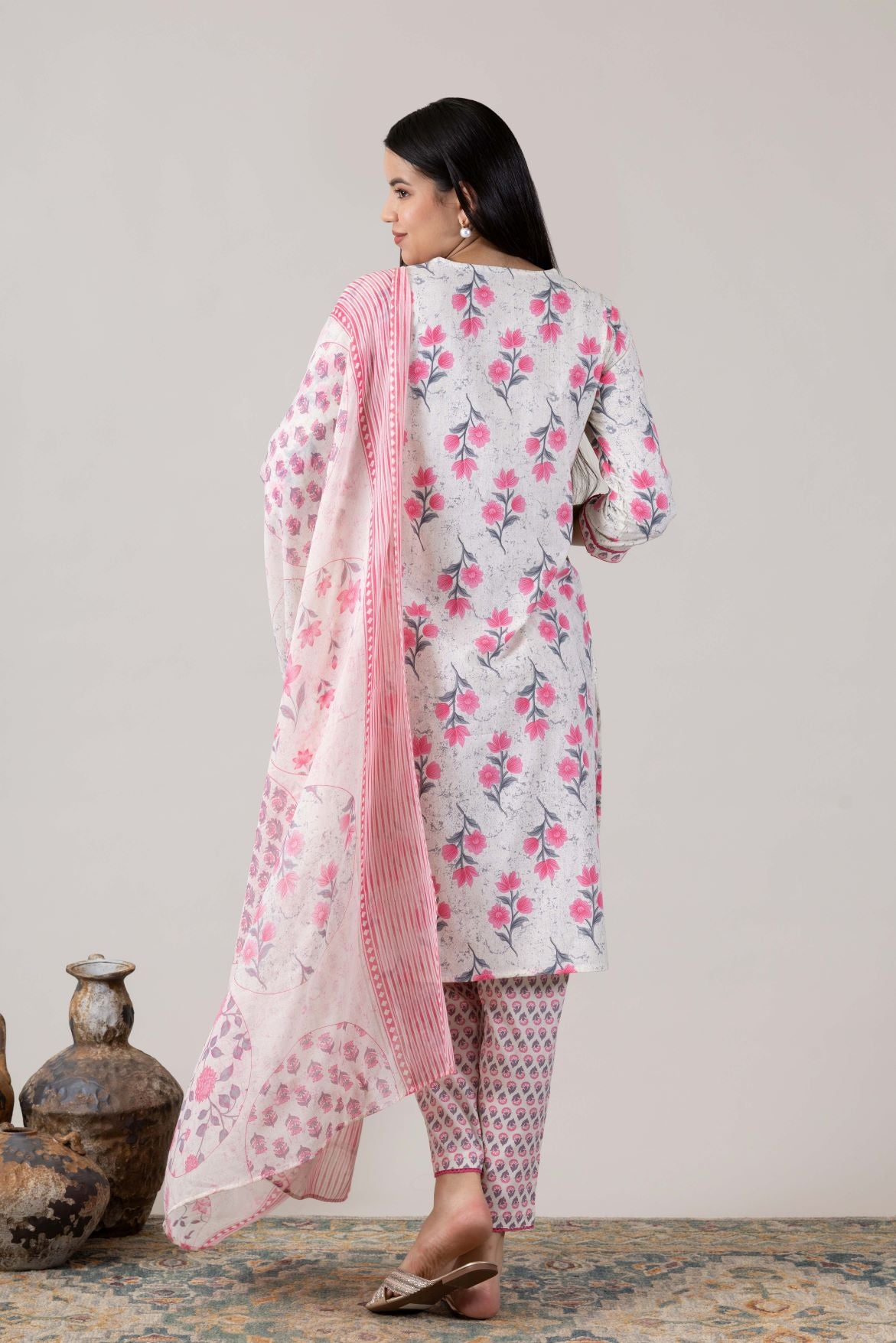 KUDIORY Women’s White & Pink Floral Printed Kurta with Printed Palazzos and Dupatta