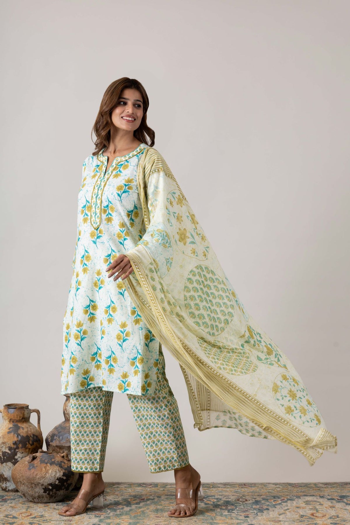 KUDIORY Women’s White & Teal Floral Printed Kurta with Printed Bottom & Dupatta