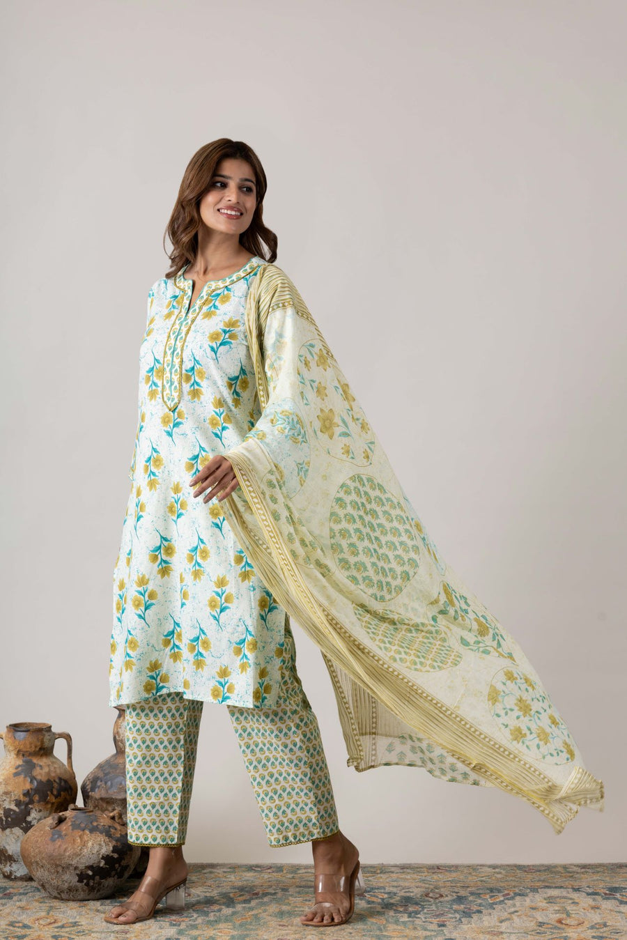 KUDIORY Women’s White & Teal Floral Printed Kurta with Printed Bottom & Dupatta