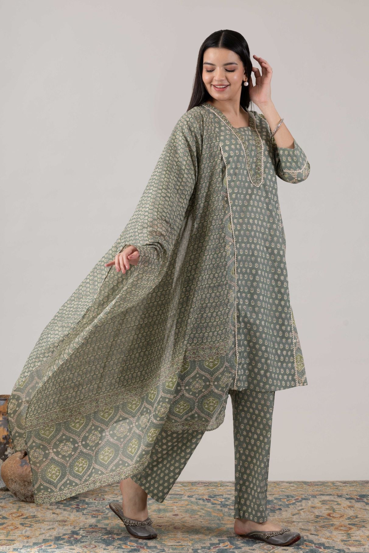 KUDIORY Women’s Green Printed Kurta with Printed Trousers & Dupatta