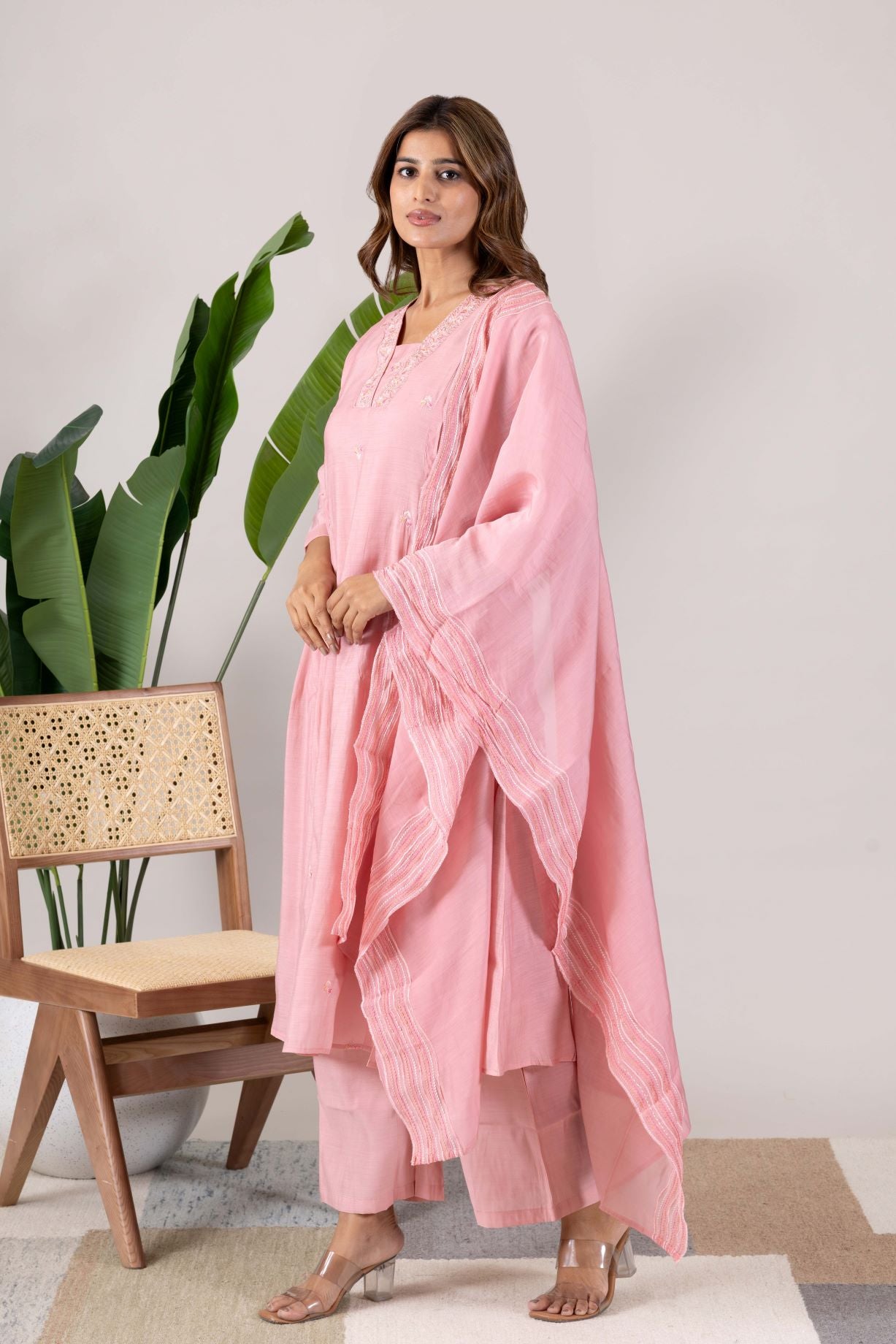 KUDIORY Women’s Pink Embroidered Kurta with Trousers & Dupatta