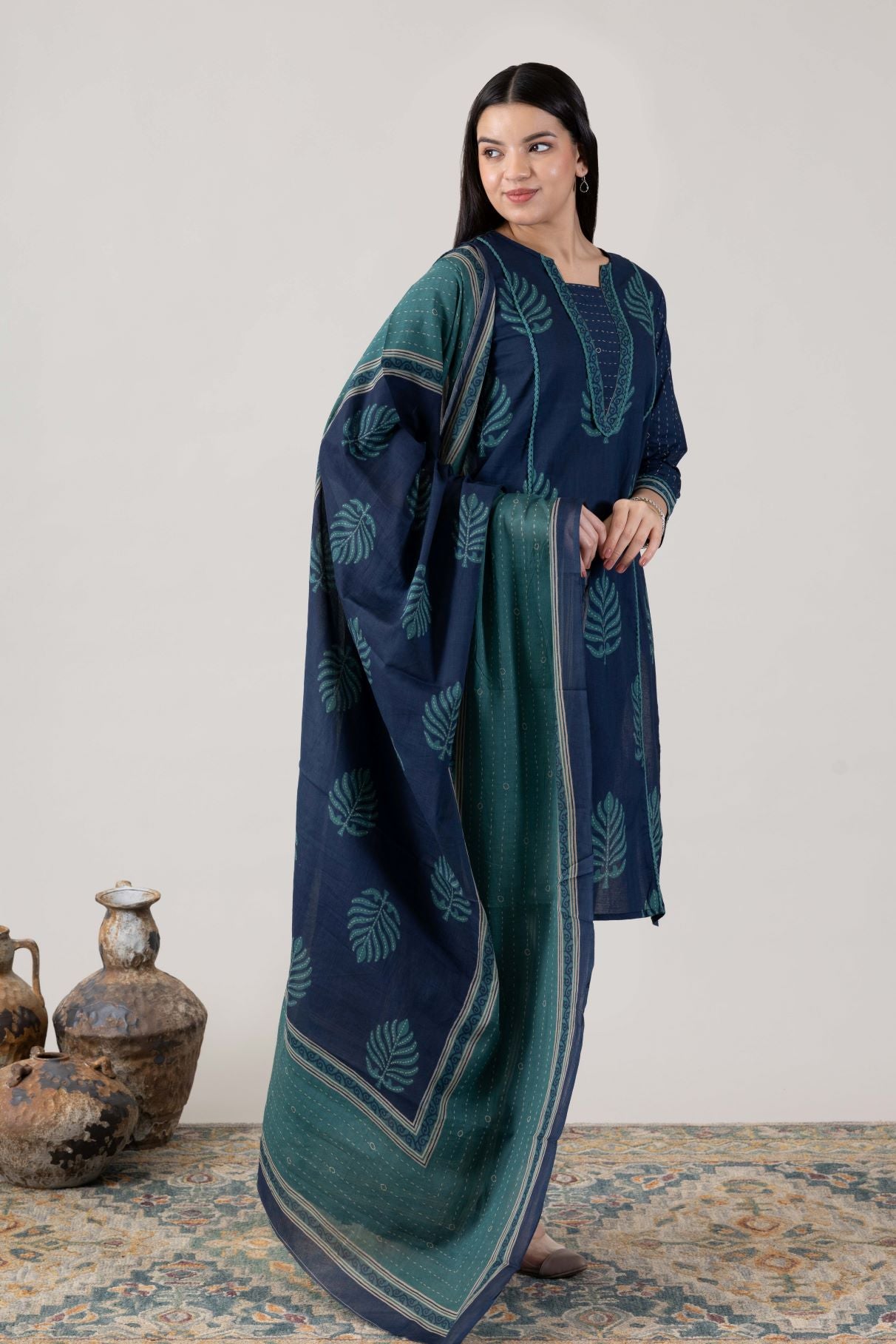 KUDIORY Women’s Navy Blue & Teal Printed Kurta with Trousers & Dupatta