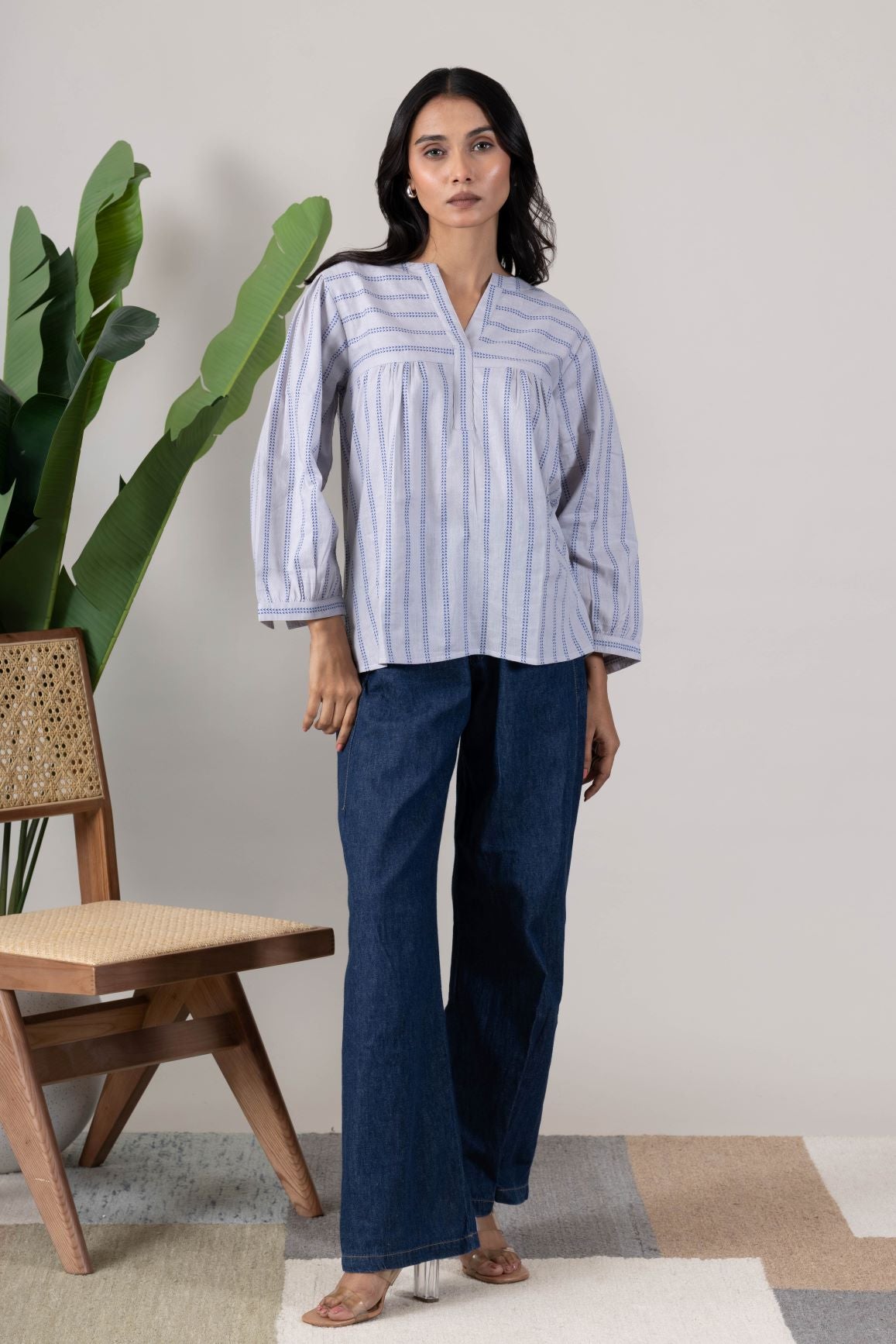 KUDIORY Women White & Blue Striped Mandarin Collar Top