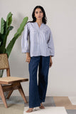 KUDIORY Women White & Blue Striped Mandarin Collar Top