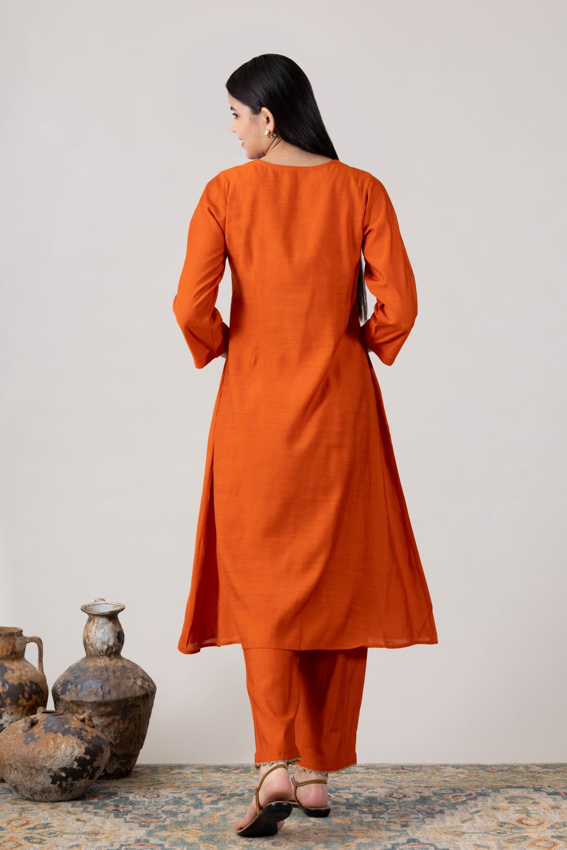 KUDIORY Women Orange Solid Asymmetrical Kurta with Trousers
