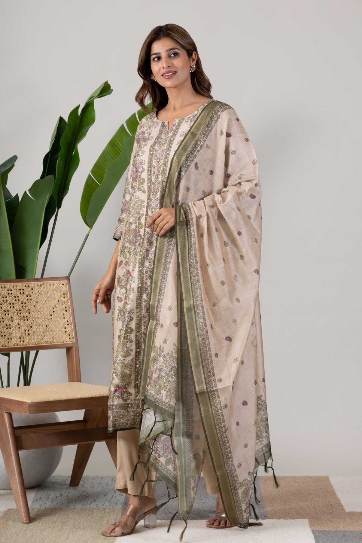 KUDIORY Women Ethnic Motifs Printed Regular Chanderi Cotton Kurta with Palazzos & With Dupatta