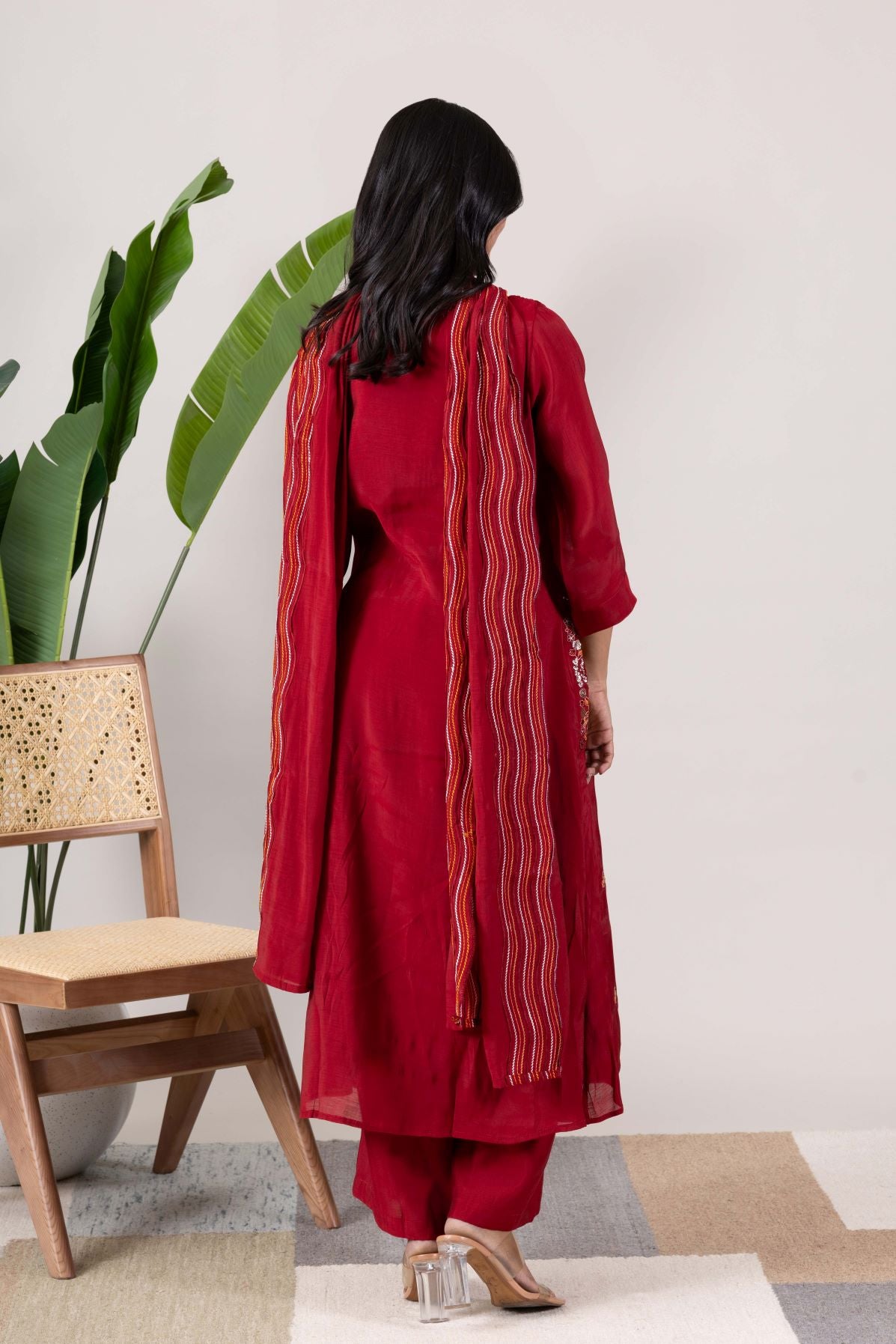 KUDIORY Women’s Maroon Embroidered Kurta with Trousers & Dupatta