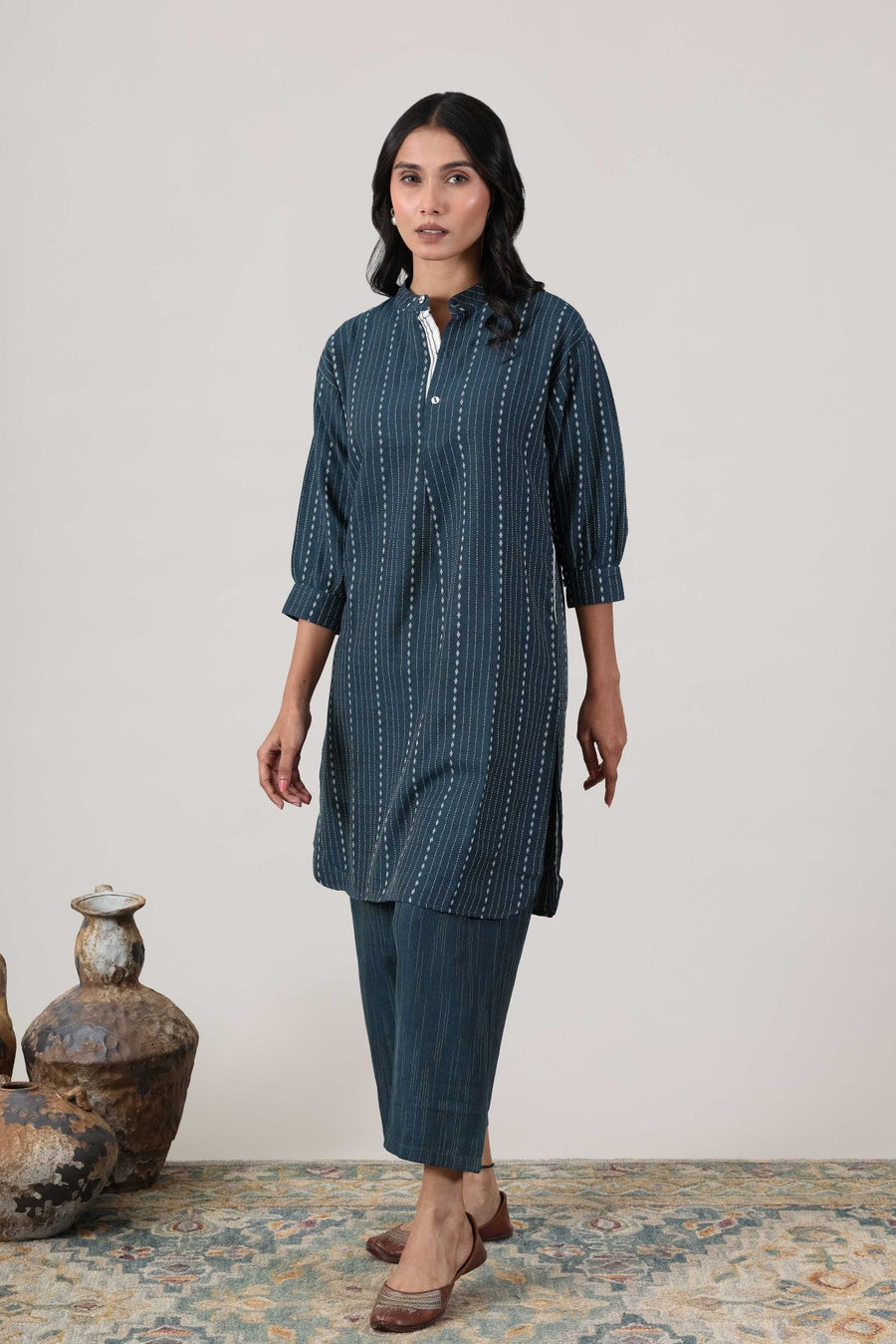 KUDIORY Women’s Blue Printed Kurta with Matching Straight Pants