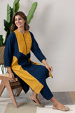 KUDIORY Women Navy Blue & Mustard Yellow Colourblocked Kurta with Straight Pants Co-Ord Set